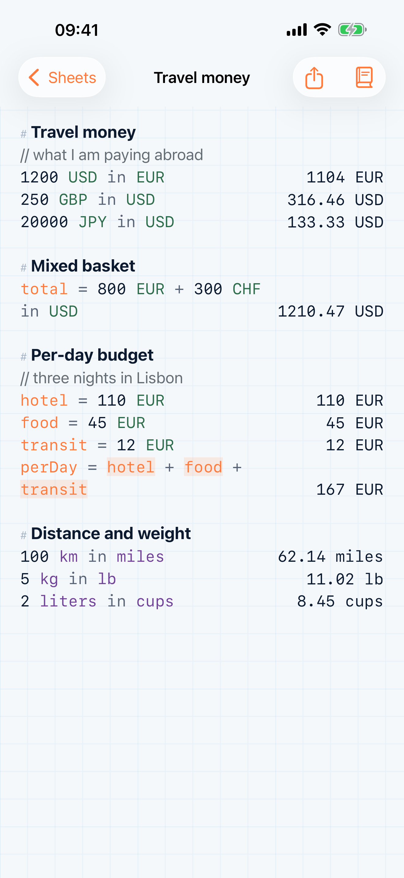 Sigma converting between currencies and between units inline