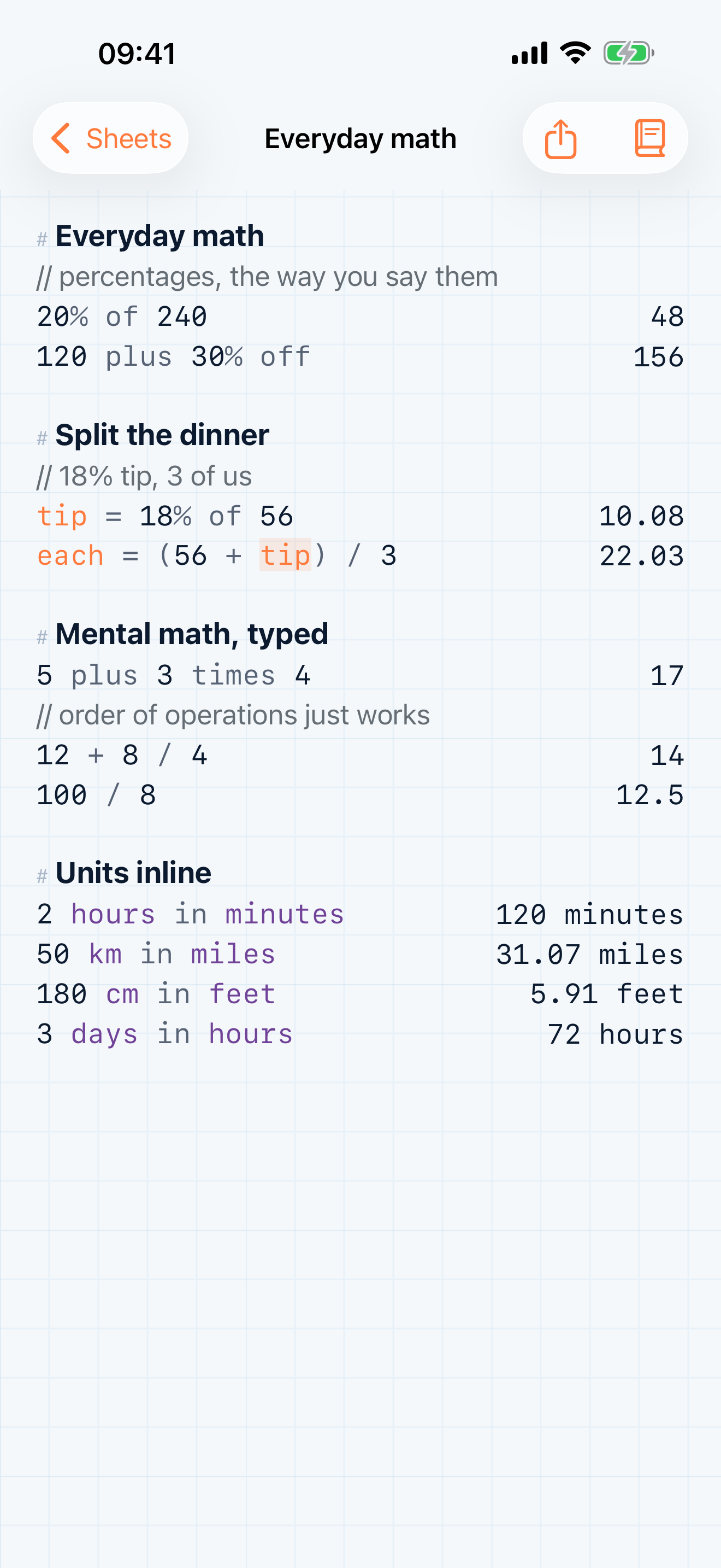 Sigma evaluating plain-English math: percentages, mental math, and inline unit conversions