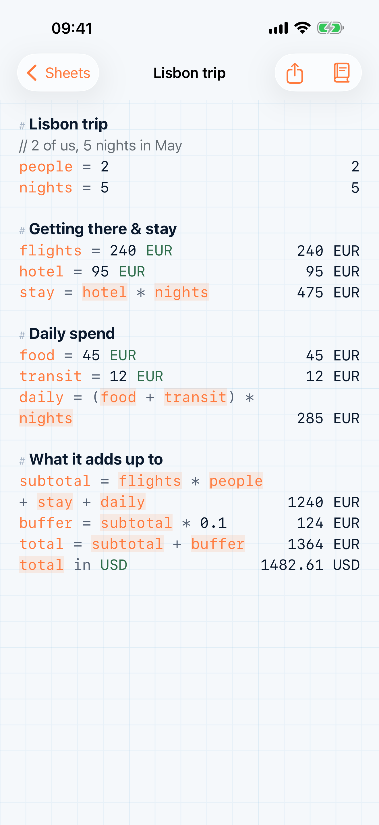 Sigma sheet planning a Lisbon trip budget, with named variables, currency totals, and a conversion to USD